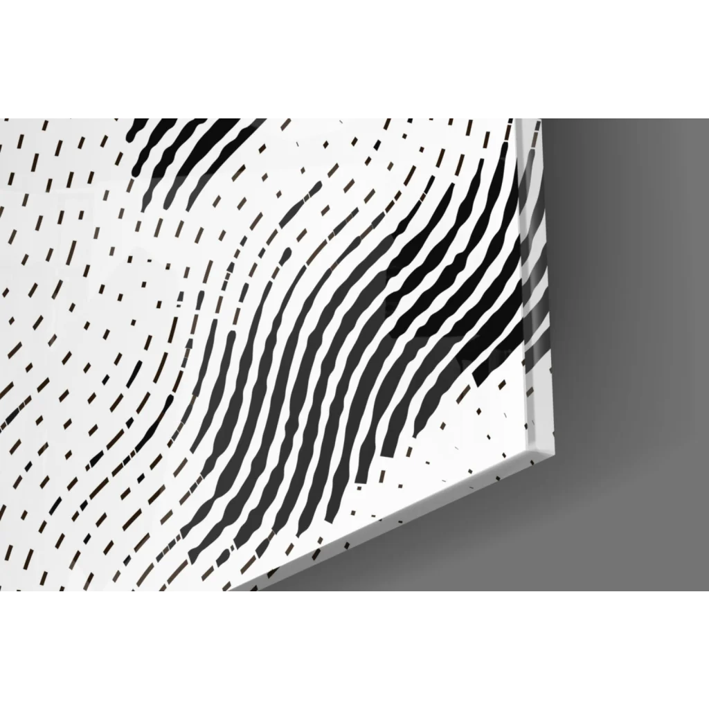 Modern angular glass wall art with black and white wavy lines pattern
