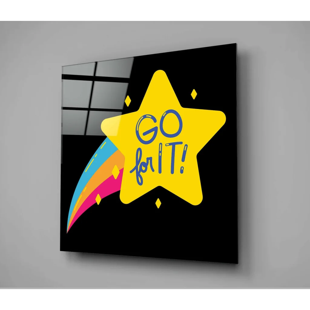 Yellow shooting star glass wall art plaque with rainbow accents and Go For It message