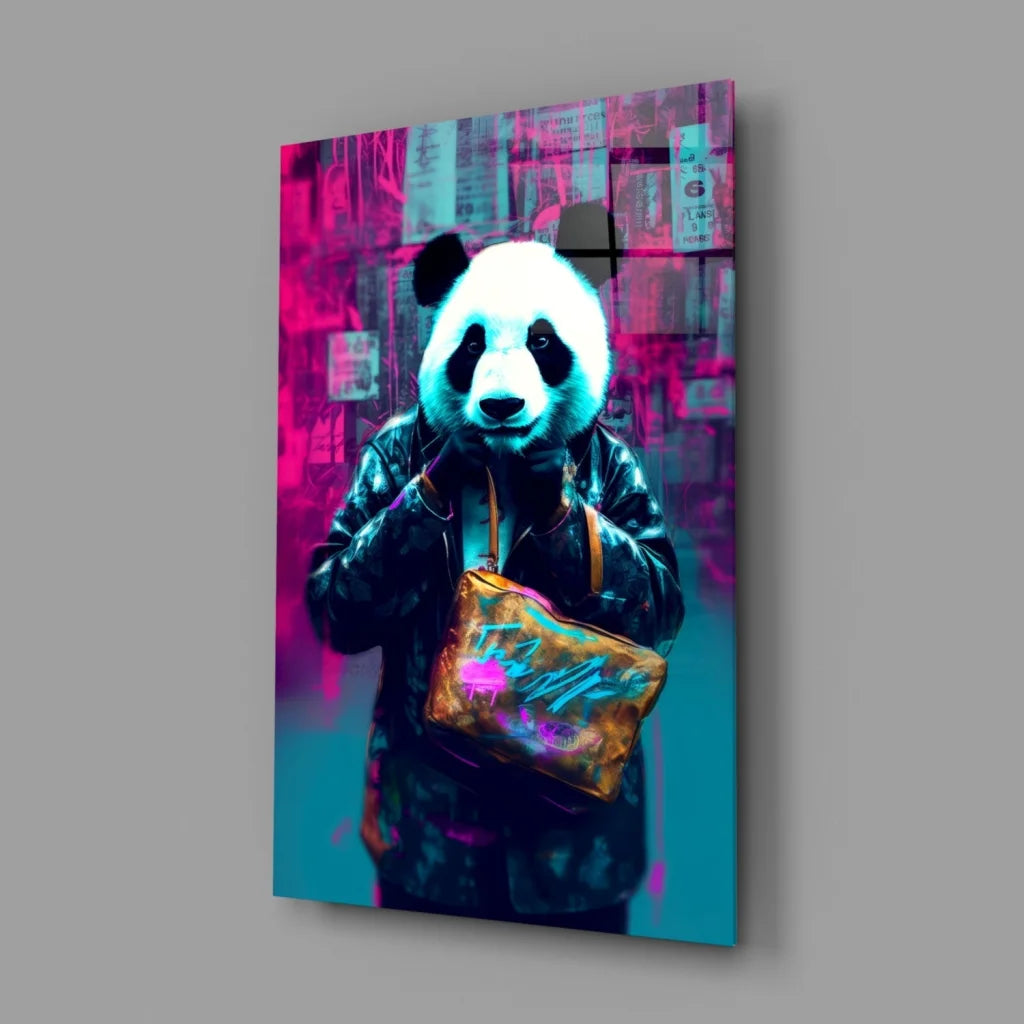 Neon panda in jacket with graffiti bag on glass wall art canvas