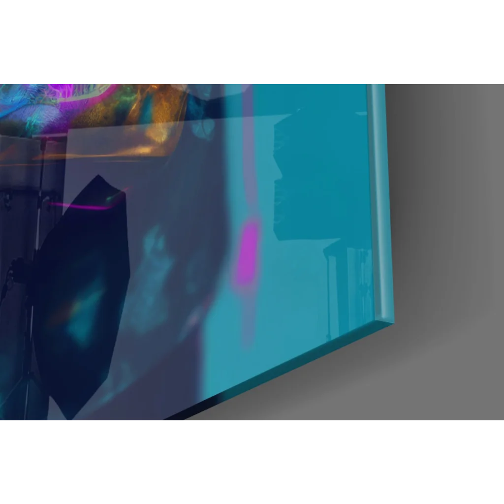 Neon panda glass wall art canvas with vibrant blue tv screen