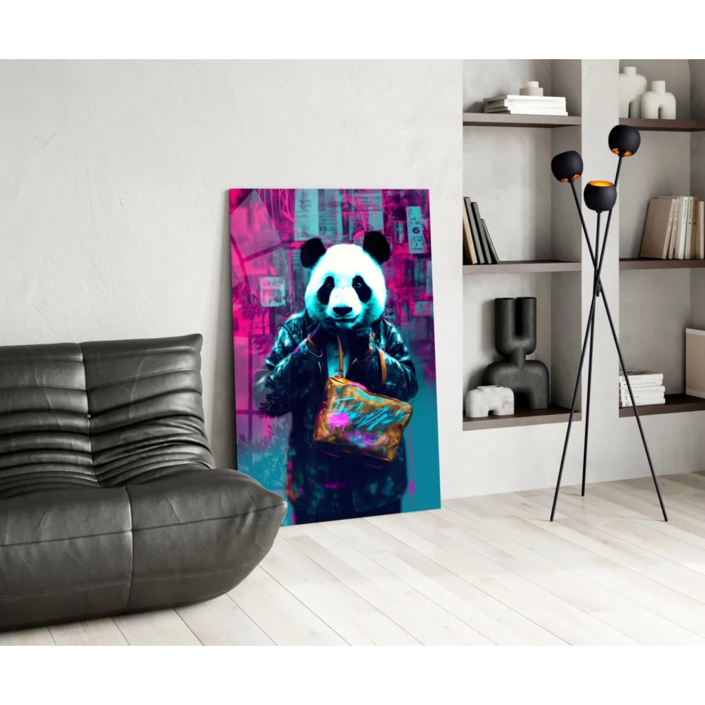 Neon panda in streetwear on vibrant glass wall art canvas