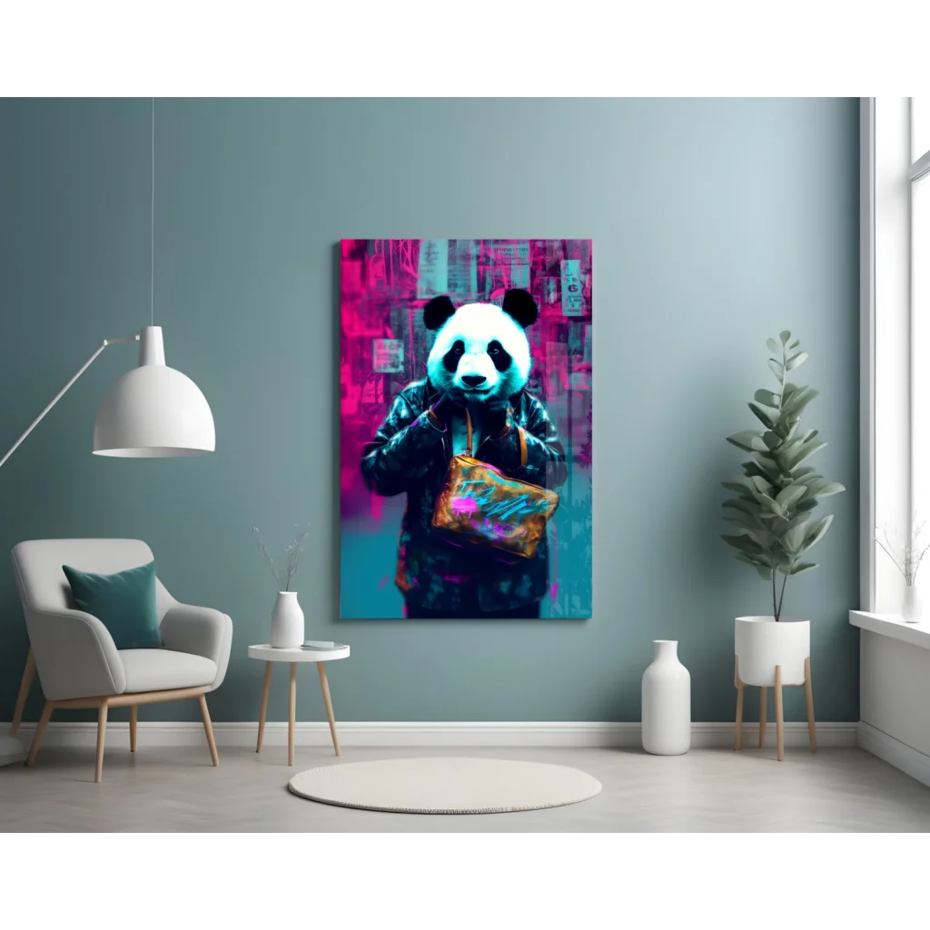 Neon panda in pink cyan graffiti on glass wall art canvas