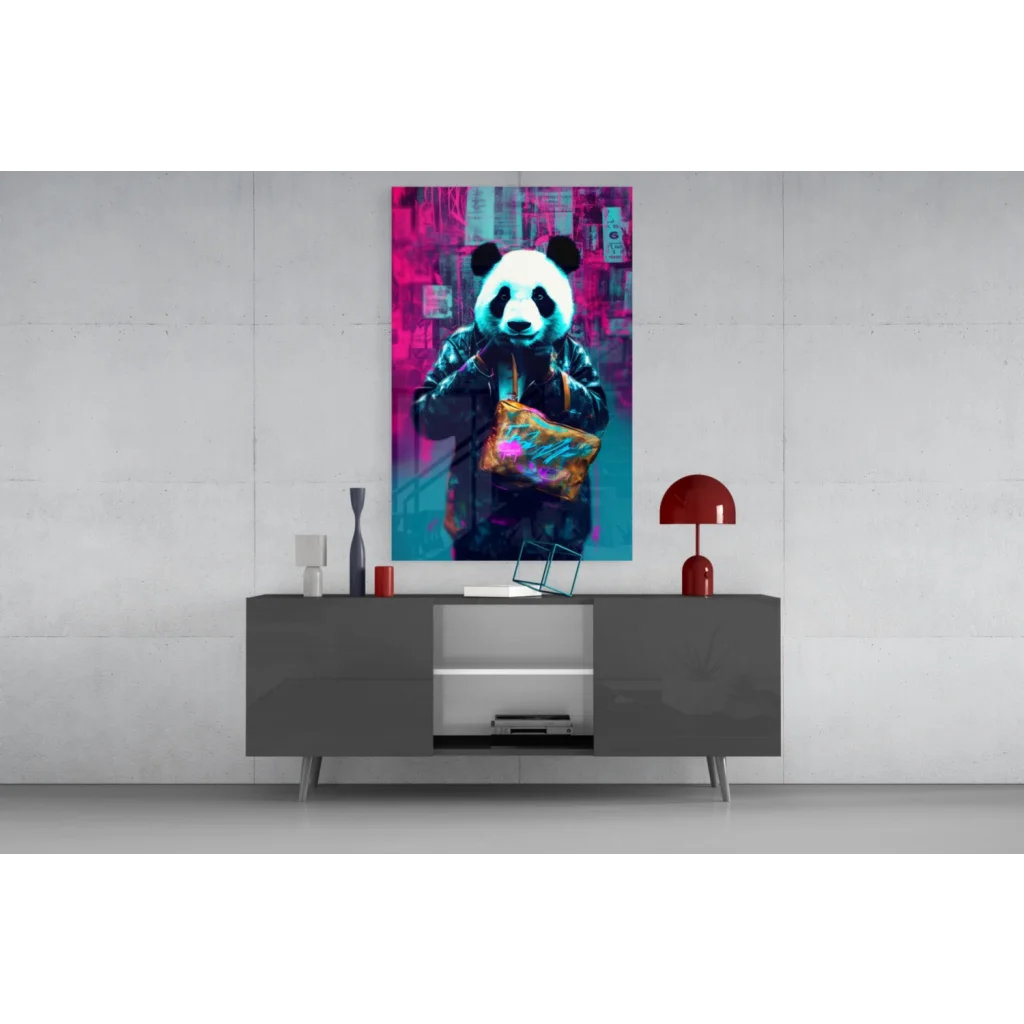Neon panda in leather jacket with glowing bag on vibrant graffiti glass wall art