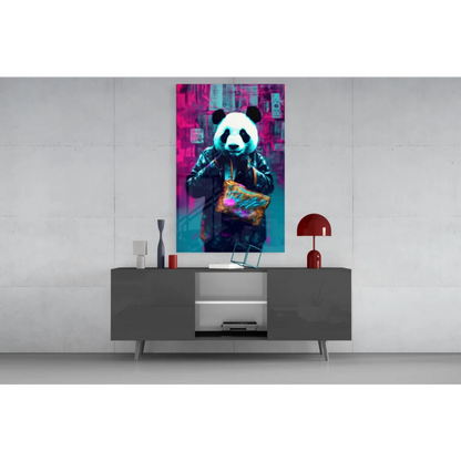 Neon panda in leather jacket with glowing bag on vibrant graffiti glass wall art