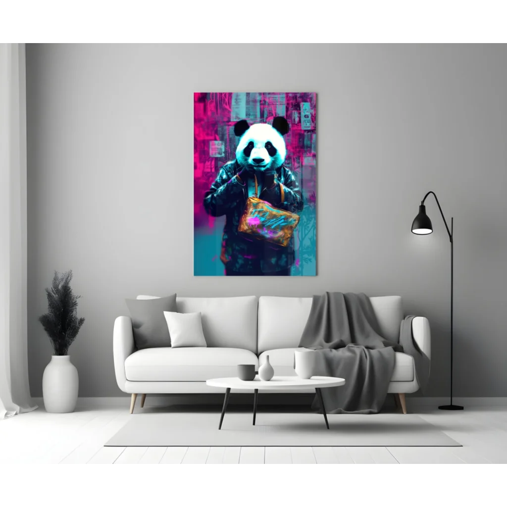 Vibrant neon panda graffiti on glass wall art canvas