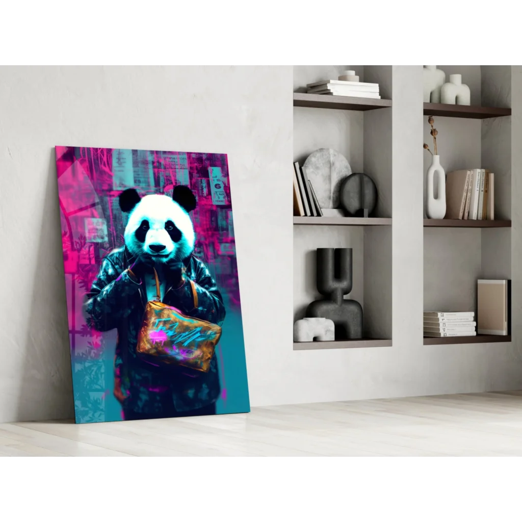 Neon panda in streetwear on vibrant pink cyan glass wall art canvas