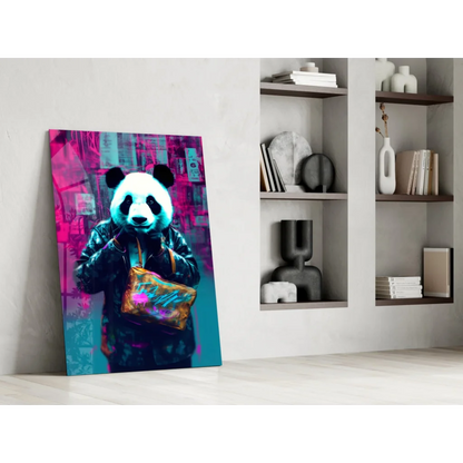 Neon panda in streetwear on vibrant pink cyan glass wall art canvas
