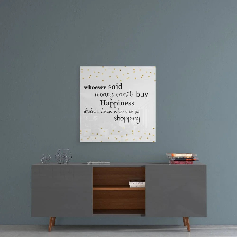 Stunning tempered glass art with gold confetti and black text on white square