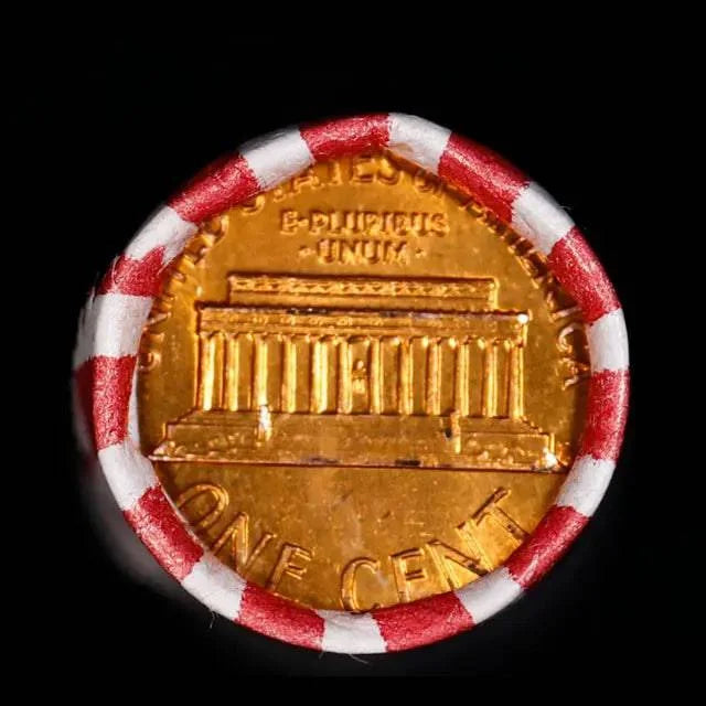 Copper pennies roll with red white striped pcs bank wrapper for Shotgun Lincoln 1c roll