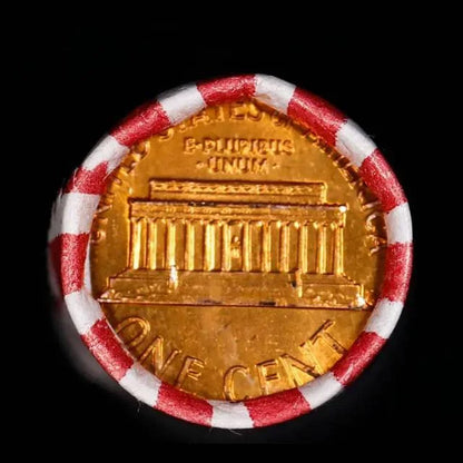Copper pennies roll with red white striped pcs bank wrapper for Shotgun Lincoln 1c roll