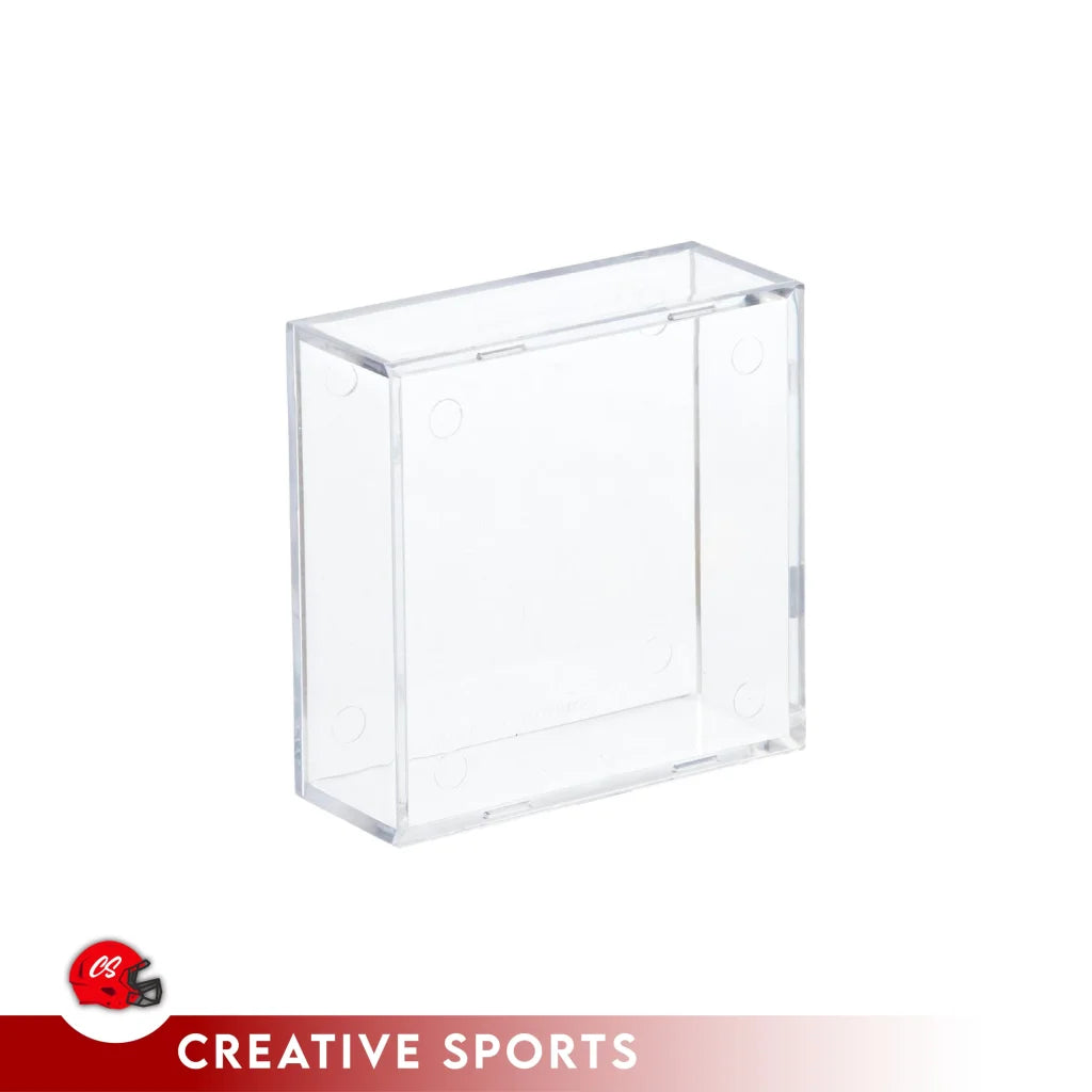Clear acrylic hockey puck display case with hinged lid