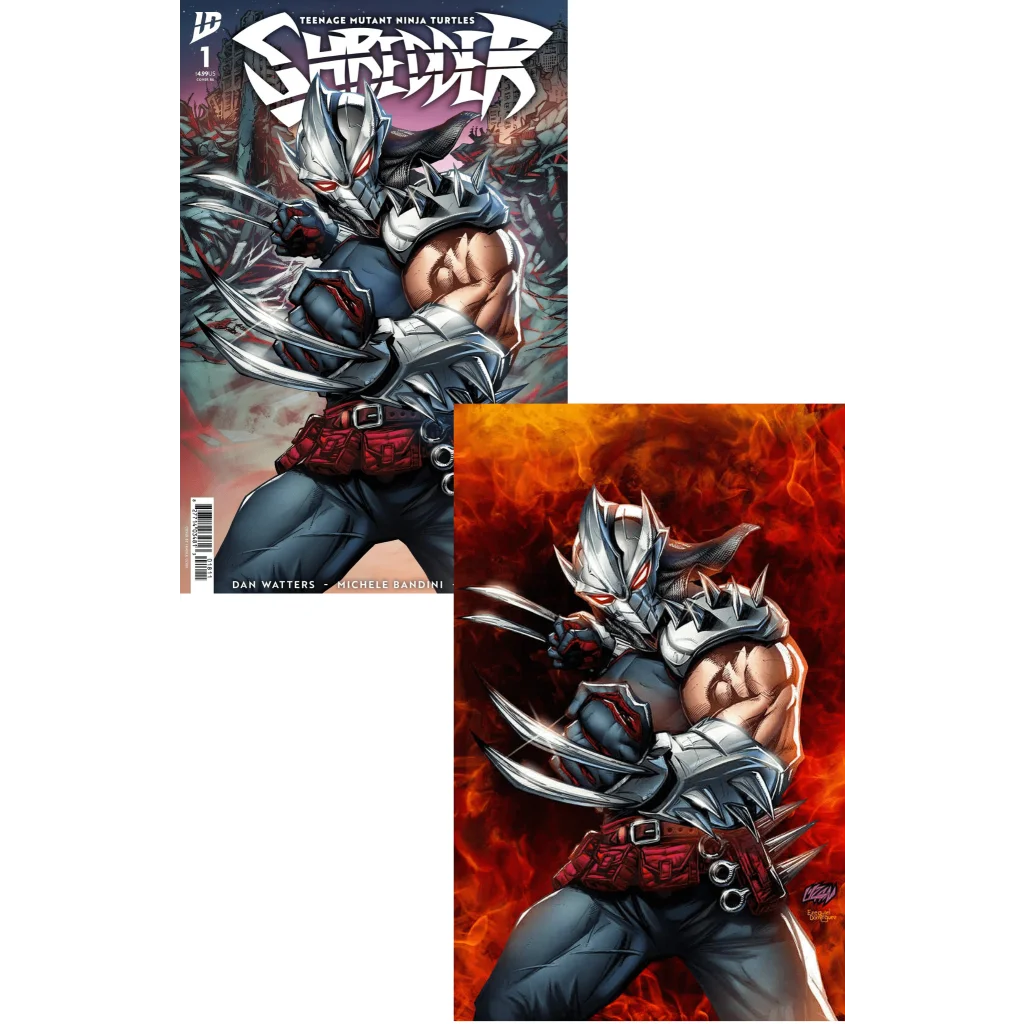 Epic Shredder Comic Cover A featuring two comic covers with a masked armored character with claws