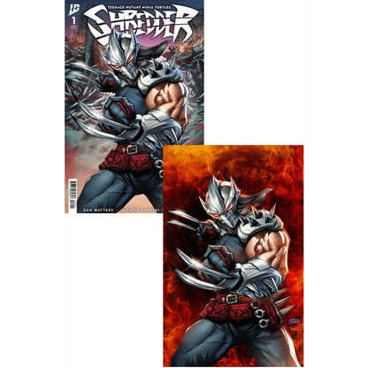 Epic Shredder Comic Cover A featuring two comic covers with a masked armored character with claws