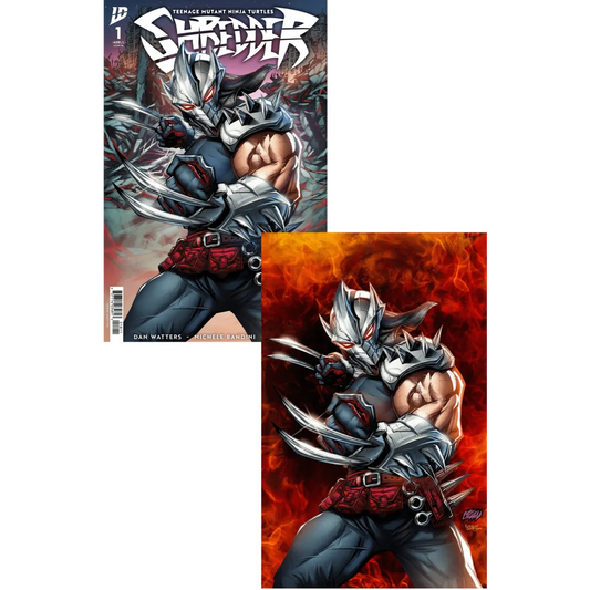 Epic Shredder Comic Cover A featuring two comic covers with a masked armored character with claws