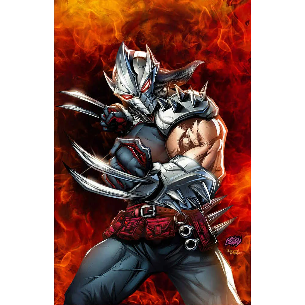 Comic art of a masked clawed superhero with spiky armor in fiery NYC underground scene