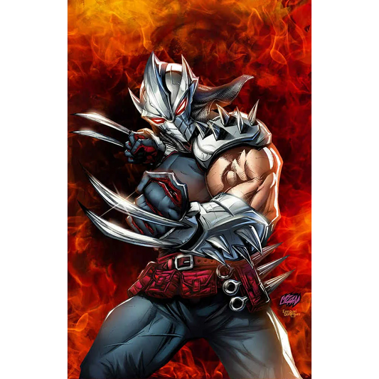 Comic art of a masked clawed superhero with spiky armor in fiery NYC underground scene