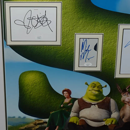 Deluxe framed Shrek movie poster with Mike Myers autographs, ogre in vest beside Fiona