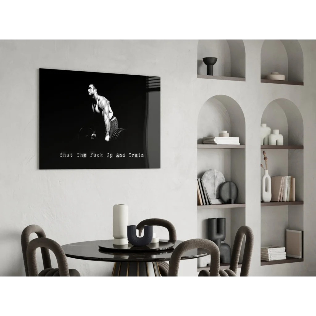Black and white muscular man lifting weights motivational wall art canvas print with Shut Up and Train text