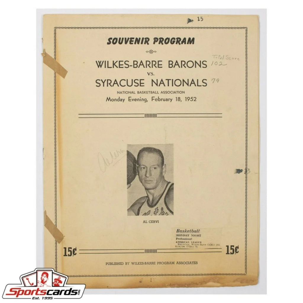 Signed 1952 basketball souvenir program: Wilkes-Barre Barons vs Nationals Red Rocha