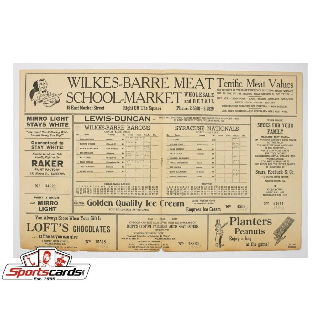 Vintage Wilkes Barre Barons basketball souvenir program with 1952 menu card