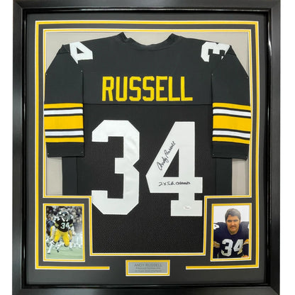 Framed Steelers #34 Andy Russell jersey with photos and signature for your man cave