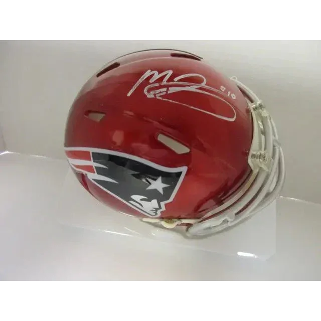 Red New England Patriots signed autographed mini football helmet with white signature