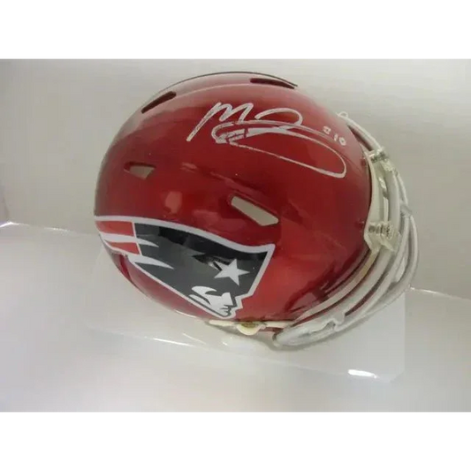 Red New England Patriots signed autographed mini football helmet with white signature
