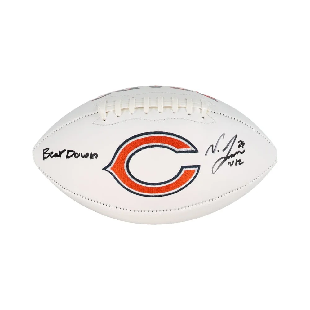 White NFL football with Chicago Bears logo and autograph, signed bears logo football