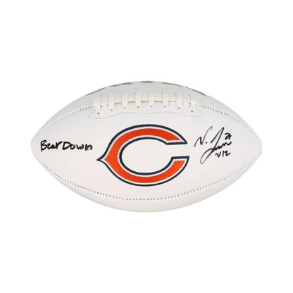 White NFL football with Chicago Bears logo and autograph, signed bears logo football