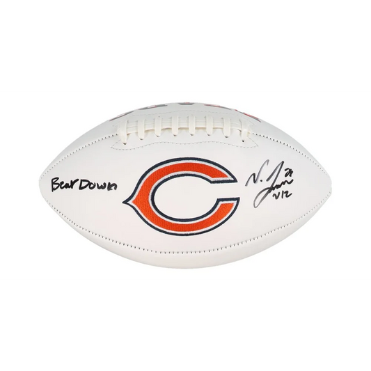 White NFL football with Chicago Bears logo and autograph, signed bears logo football