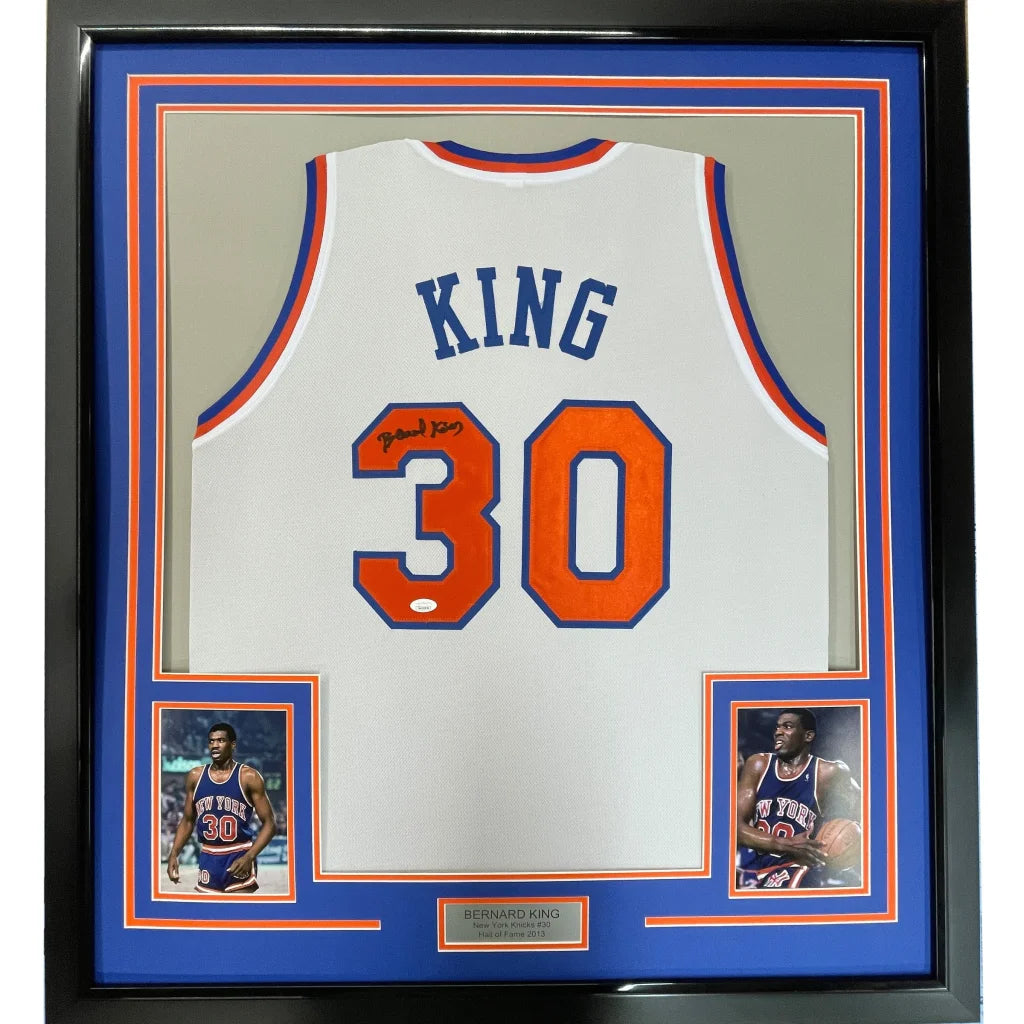 Framed Bernard King New York Knicks signed jersey with autographs and photos for your wall