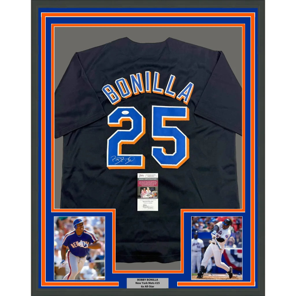 Framed Bobby Bonilla New York Mets jersey with autograph and photos for wall display