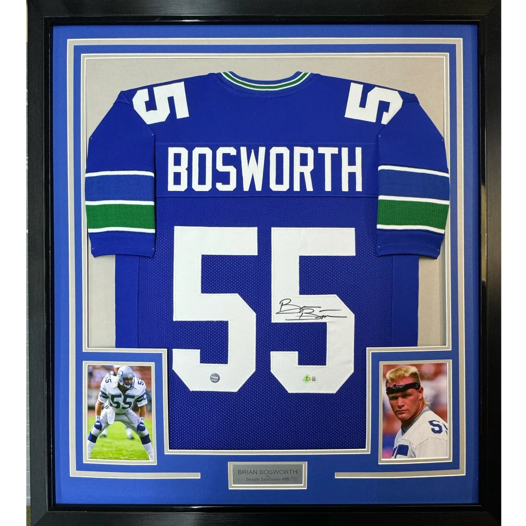 Framed signed Bosworth blue white football jersey with photos