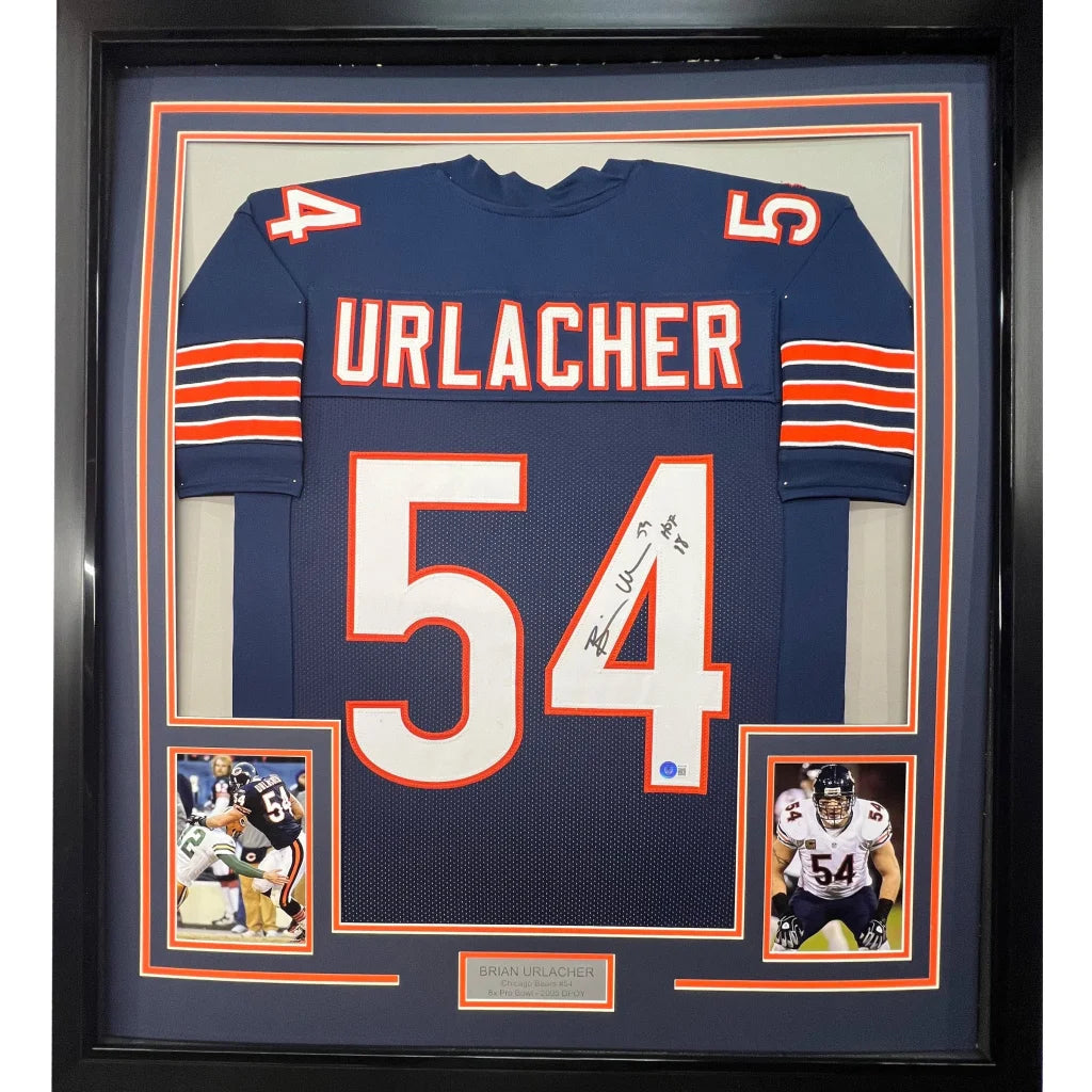 Framed signed Brian Urlacher Chicago Bears jersey with photos and nameplate for hanging