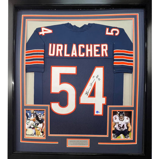 Framed signed Brian Urlacher Chicago Bears jersey with photos and nameplate for hanging