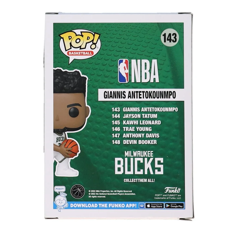 Back of Signed Bucks Giannis Antetokounmpo Funko Pop collectible box showcasing NBA figure