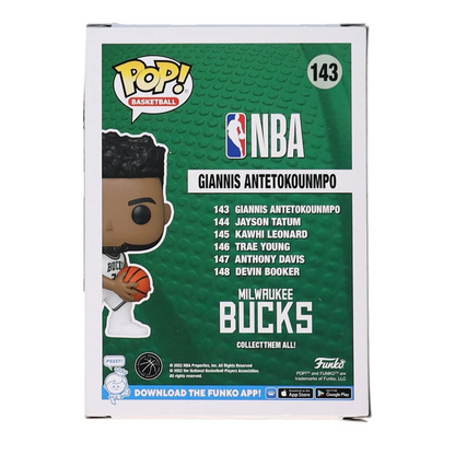 Back of Signed Bucks Giannis Antetokounmpo Funko Pop collectible box showcasing NBA figure