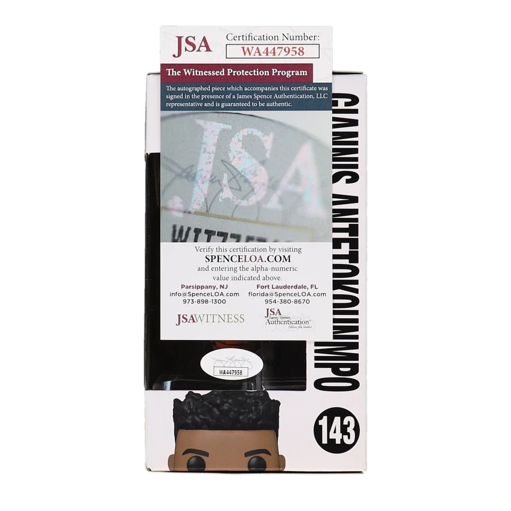 Giannis Antetokounmpo Signed Bucks Funko Pop collectible with JSA certification sticker