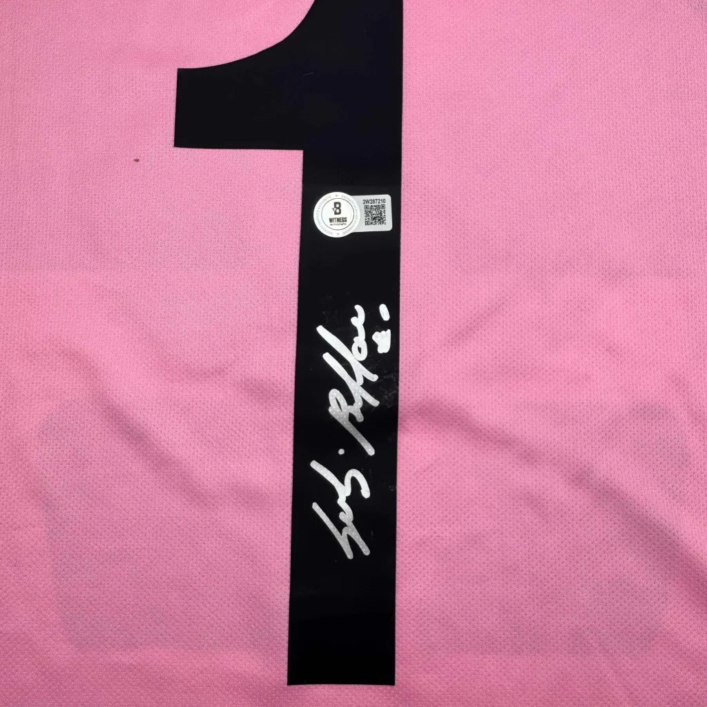 Signed Buffon pink 100% cotton jersey #1 with black autograph