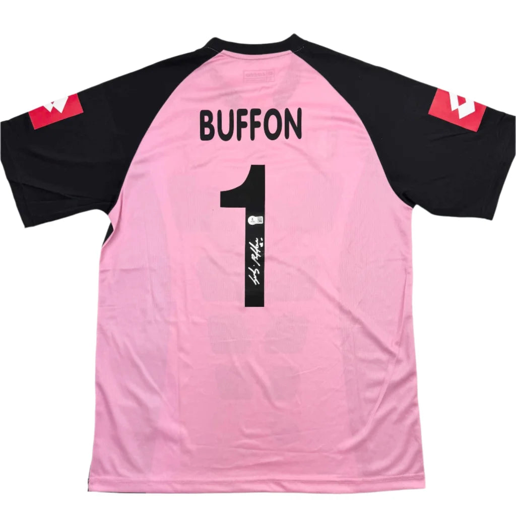 Signed pink Buffon soccer jersey with number 1 and autograph