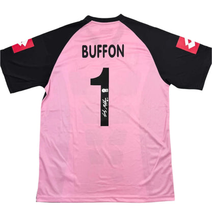 Signed pink Buffon soccer jersey with number 1 and autograph