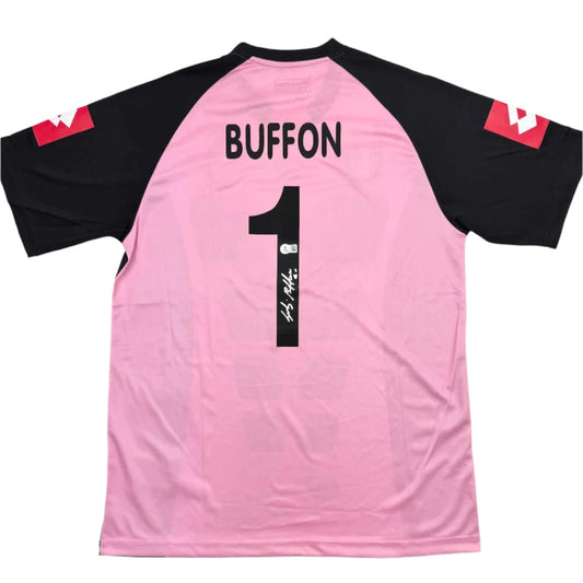Signed pink Buffon soccer jersey with number 1 and autograph