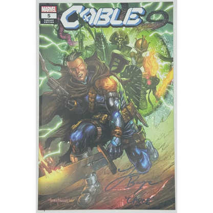 Signed Tyler Kirkham exclusive Cable #5 blue black armored suit with lightning bolts