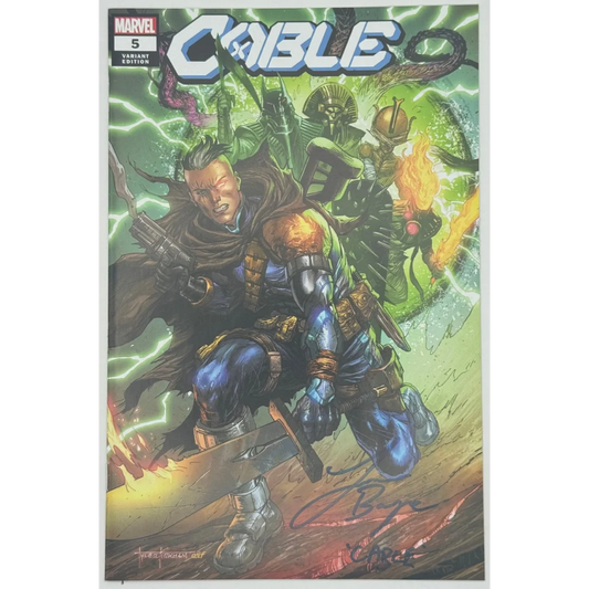 Signed Tyler Kirkham exclusive Cable #5 blue black armored suit with lightning bolts