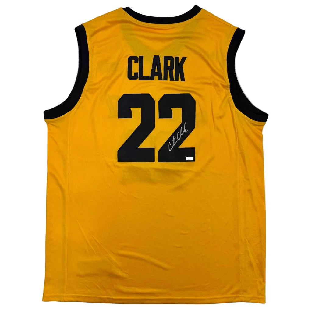Yellow basketball jersey with black trim, number 22, signed by Clark