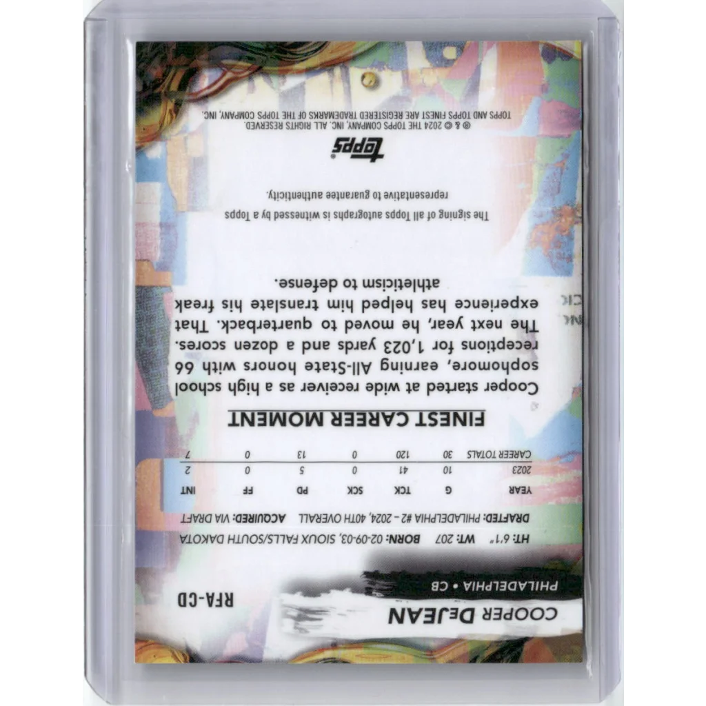 Signed Cooper DeJean Topps Rookie Card with Authentication product image showing a trading card