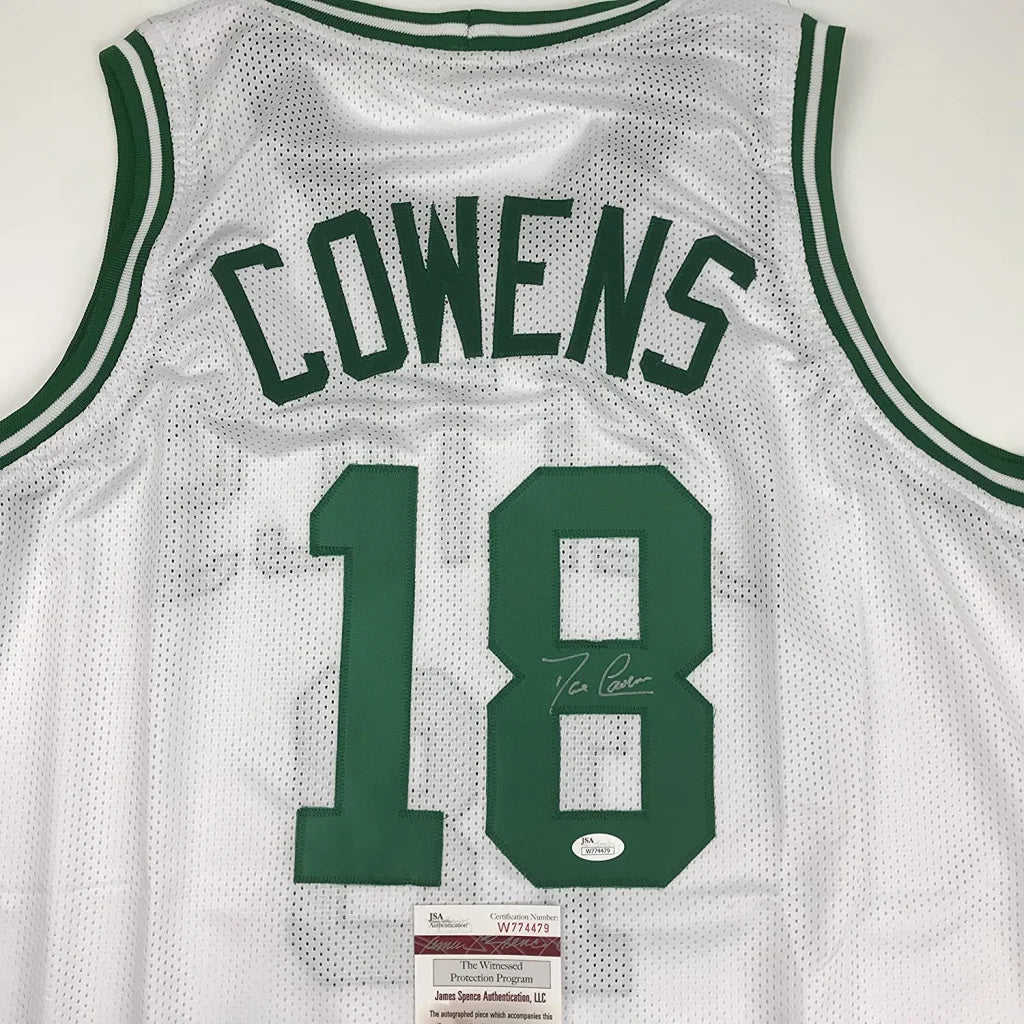 White mesh custom jersey from professional sports league with COWENS 18 autograph