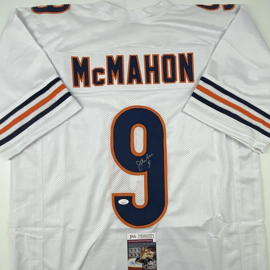 Signed custom football jersey with navy and orange trim, perfect for professional sports fans