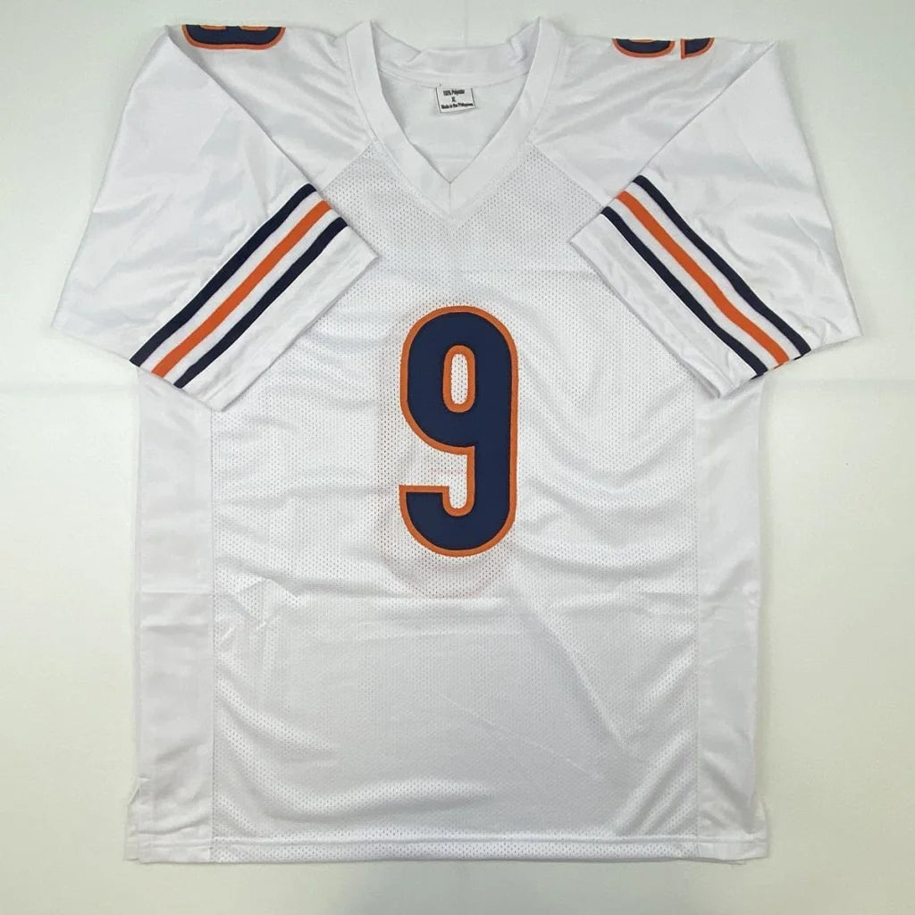 White custom jersey with number 9, orange and navy stripes, for NFL or sports league fans