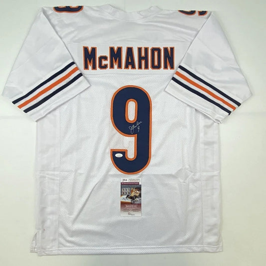 White custom football jersey with navy orange accents and autograph, perfect for sports fans